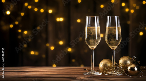 Glasses of champagne with golden rnaments and christmas balls with Bokeh light backgrounds