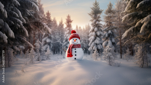 Snowman in winter in forest. Christmas and New Year Greeting Card