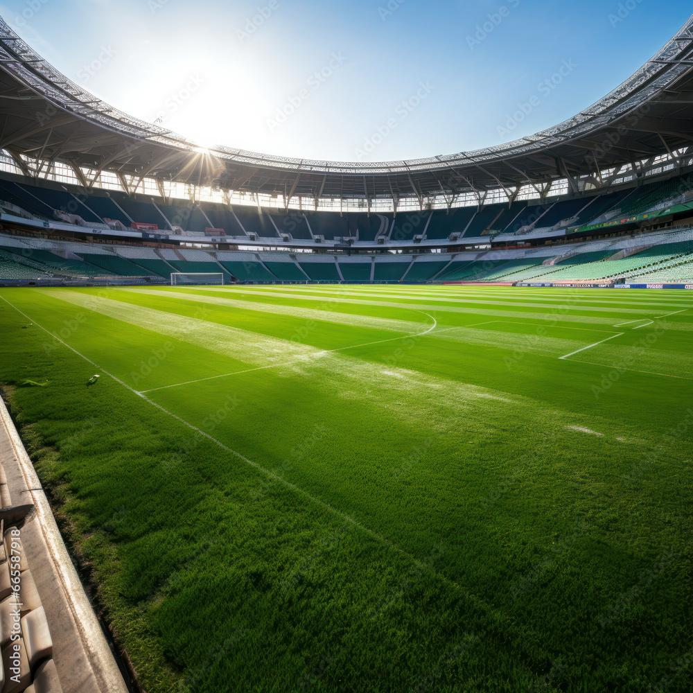 empty soccer stadium.The neon glow and green meadow set the stage for football champions, Generative Ai