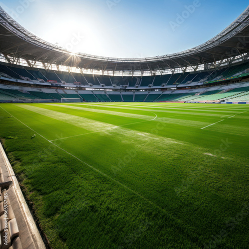 empty soccer stadium.The neon glow and green meadow set the stage for football champions, Generative Ai © tope007