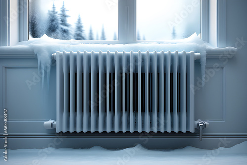 concept no heating, cold white radiators in the snow, winter view