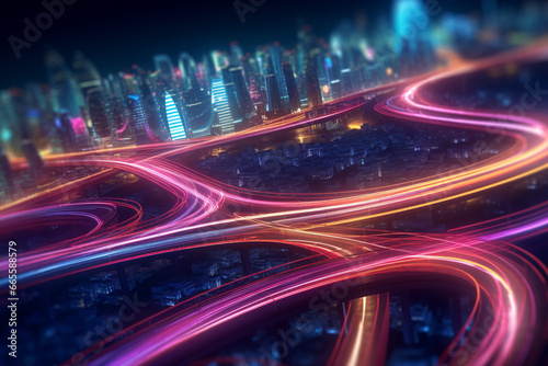 Cityscape, transportation, travel concept. Big city highway web with long exposure colorful car traffic lights. Surreal night background with copy space