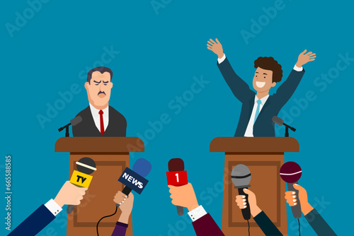 Debate concept. Candidate for president at the podium. Political speech. Presidential election. Journalist or press media hands with microphones.