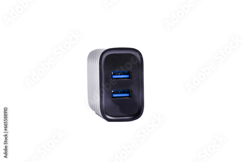 Smartphone quick USB dual port black wall charger isolated on white background.