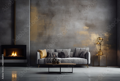 a gray couch is putting in a chair and wooden table on top of cement wall, in the style of luxurious fabrics, futuristic design, multi-layered textures, photo
