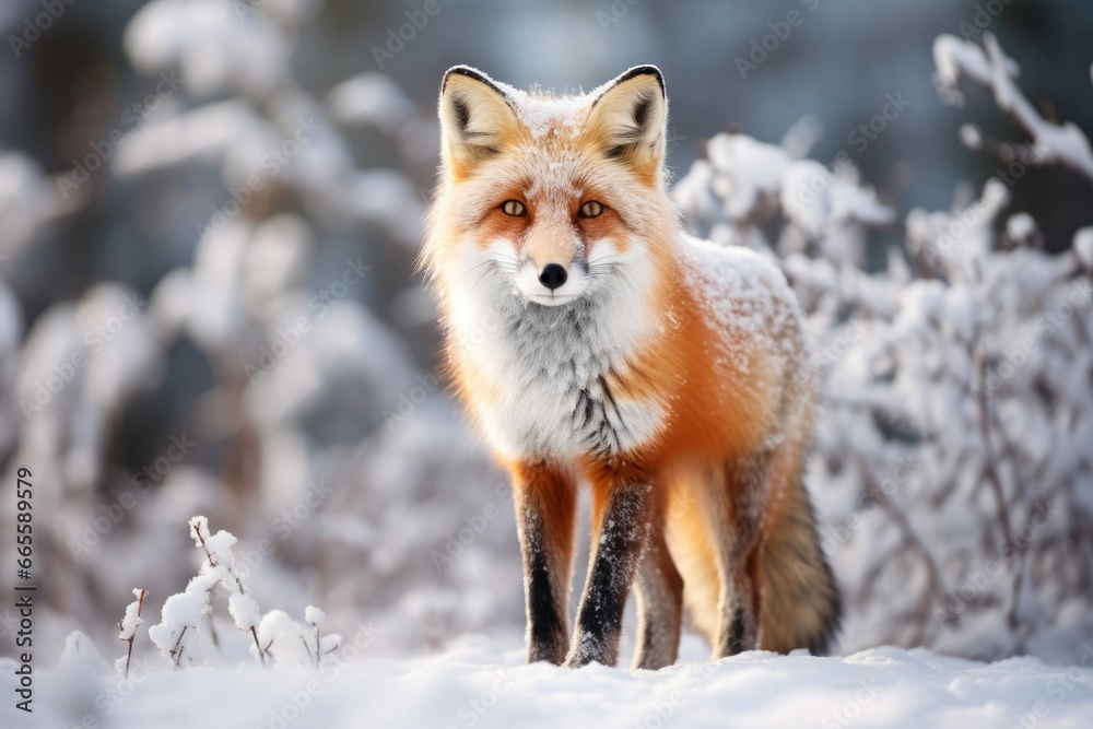 Fototapeta premium Winter's Wanderer: Fox Amidst Snowfall 