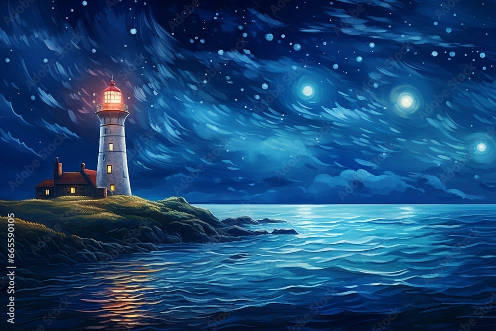 Starry night seascape illustration for wallpaper. Generative AI