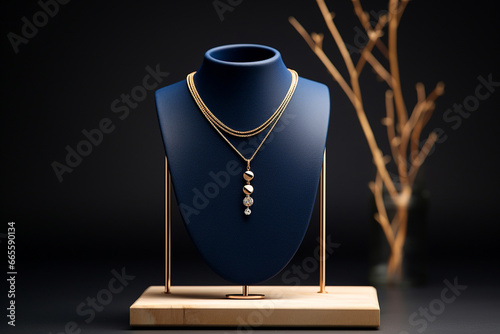 Luxury jewelry on stand. Golden necklace on bust mannequin in the store. Jewelry showcase, selective focus