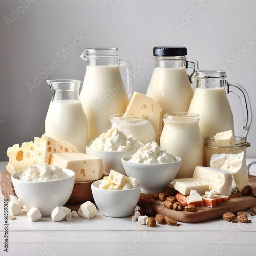Dairy products on the table, Assortment of dairy products concept