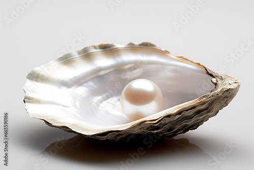 The pearls in the mussel shell on white background. Close up of a pearl nestled inside a oyster shell.