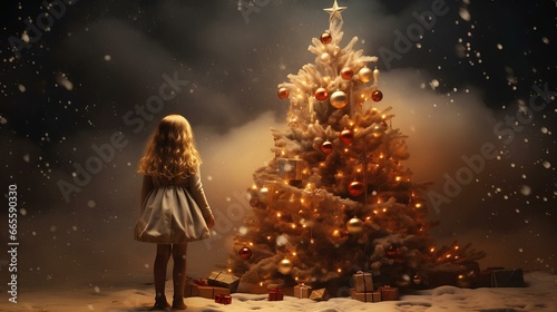 A little girl at the Christmas tree. Fabulous Christmas illustration.