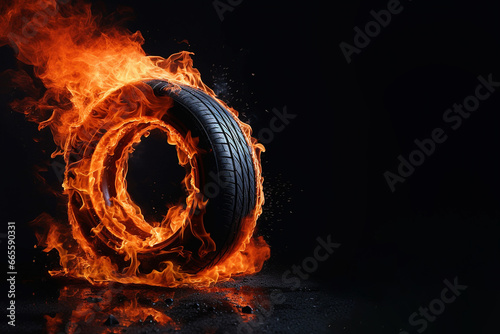 Car tire in fire. Burning car wheel, concept of speed,car racing, fast car service. Burnt tires, burning tires for protest, demonstration, fight for rights.