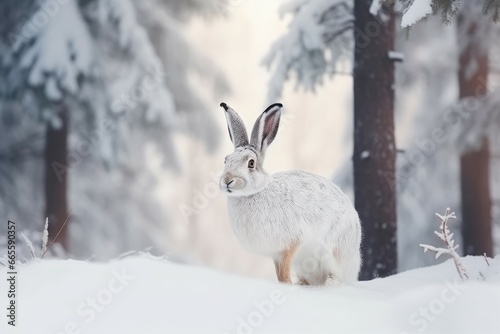 White hare in winter snowy forest. Fluffy wild rabbit in cold snowy season. Generate ai