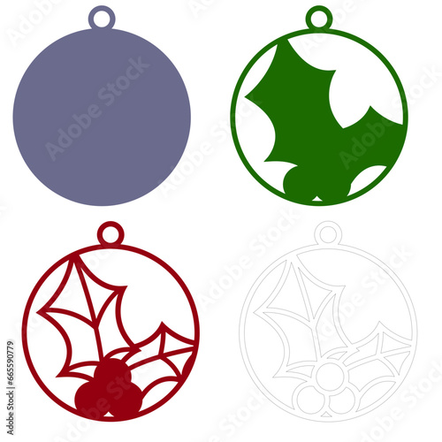 Christmas round decor with holly berries, Holiday ornament for paper laser cut,  Layered papercut svg