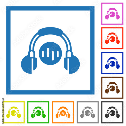 Music listening flat framed icons photo