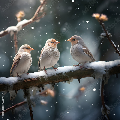 Birds sitting on a branch covered with snow in winter forest with snowfall and golden lights in the background.