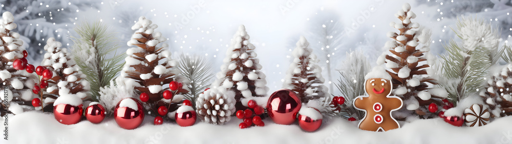 Red Christmas balls and gingerbread piece in a row with trees covered with snow and snowfall on abstract background in winter. Horizontal composition. Red Christmas balls and gingerbread piece in a row with trees covered with snow and snowfall on abstract background in winter. Horizontal composition.