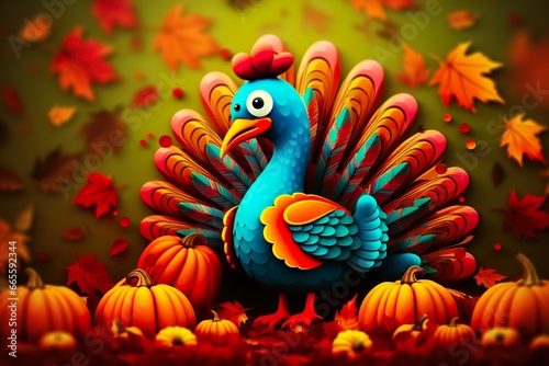 cute turkey thanksgiving celebration illustration background thanksgiving day celebration of autumn fall with pumpkins  © Umar