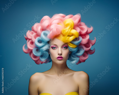 Young attractive girl with multi colored curly hair. Modern stylish hairstyle. © Santijago