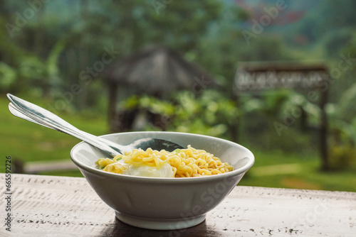 Принти на полотні enjoying noodles in the park in drizzly weather