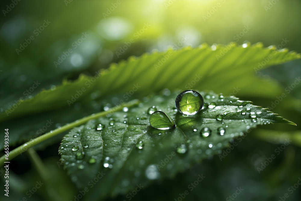 water drops on a green leaf water drops on a green leaf