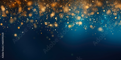 Glistering Gold Foil Texture on Blue Background. Christmas Holiday Concept with Golden Shine Particles and Bokeh