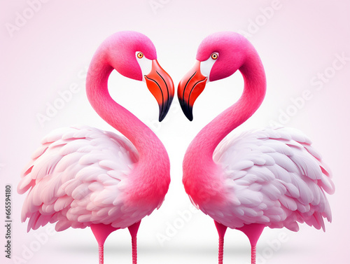Two 3D Cartoon Flamingos in Love on a Solid Background