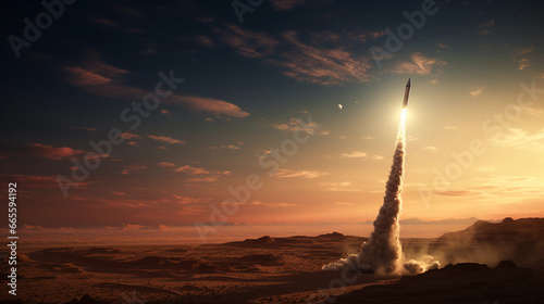 rocket flying over desert