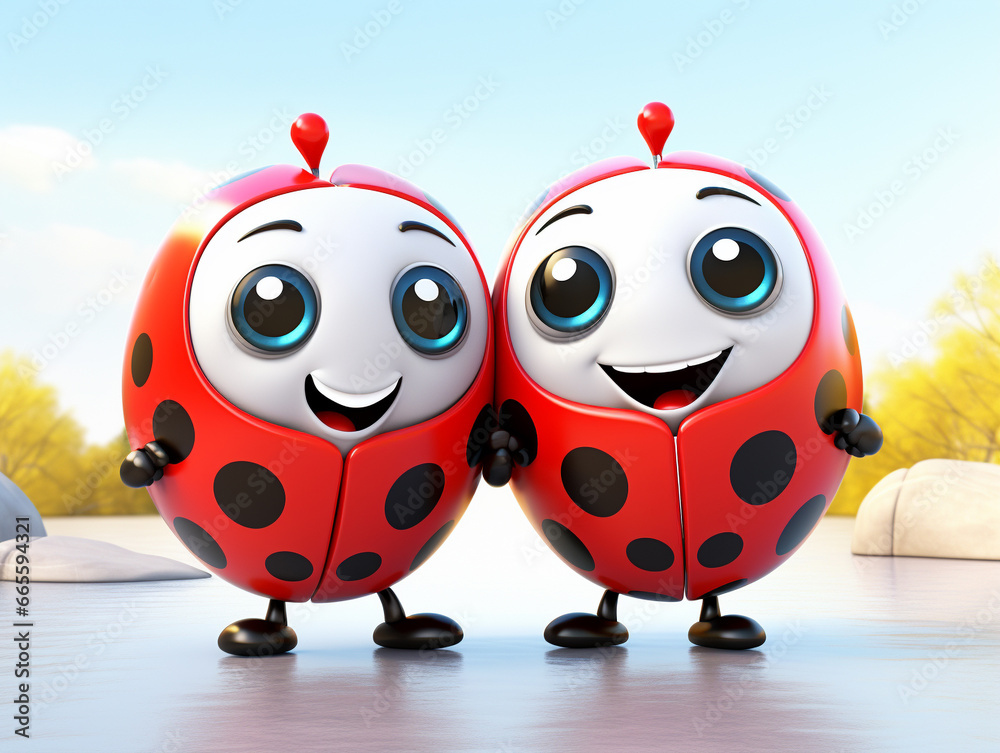 Fototapeta premium Two 3D Cartoon Ladybugs in Love on a Solid Background