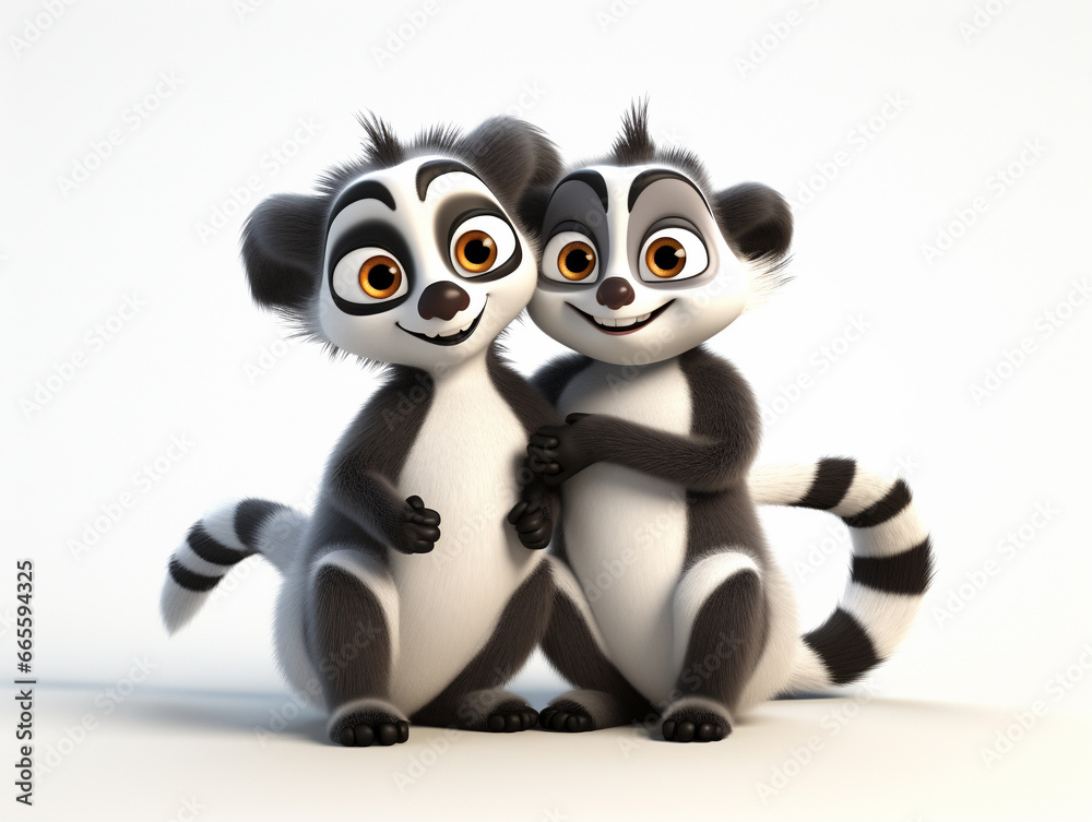 Two 3D Cartoon Lemurs in Love on a Solid Background Two 3D Cartoon Lemurs in Love on a Solid Background