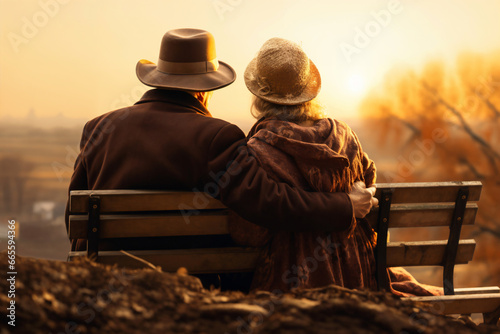 an elderly couple, a man and a woman, are sitting on a bench and enjoying the scenery, rear view