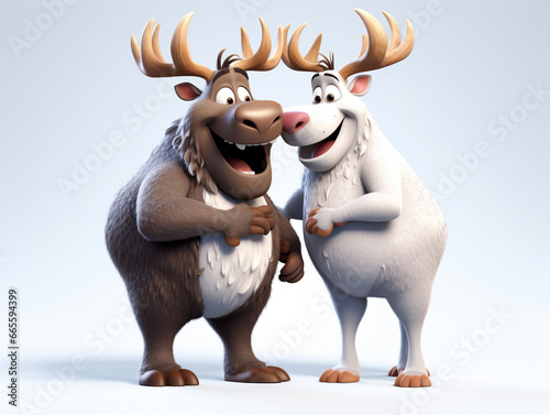 Two 3D Cartoon Moose in Love on a Solid Background