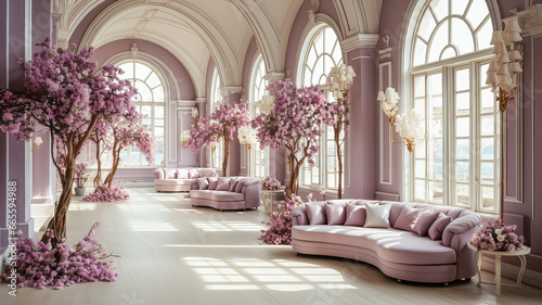 Wedding decor. Luxury interior of the living room with a purple sofa and flowers. 3d render. Generative AI technology. © Grycaj