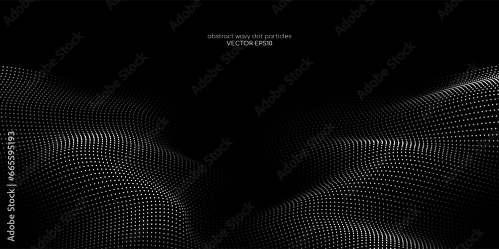 Flowing dot particles wave pattern white grey gradient light isolated on black background. Vector in concept of AI technology, science, music. Flowing dot particles wave pattern white grey gradient light isolated on black background. Vector in concept of AI technology, science, music.