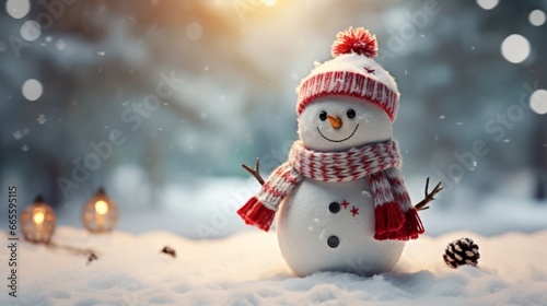 Christmas decoration with a cute happy snowman in a snowy winter forest, Generative AI