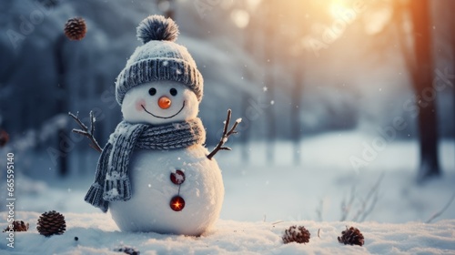 Christmas decoration with a cute happy snowman in a snowy winter forest, Generative AI © AIExplosion