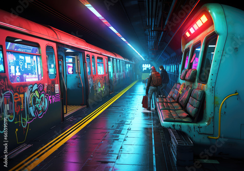 Descent into Tomorrow: A Futuristic Dystopian Subway Poster, Navigating Through the Veins of a Forsaken Urban Dream, Crafted by Generative AI