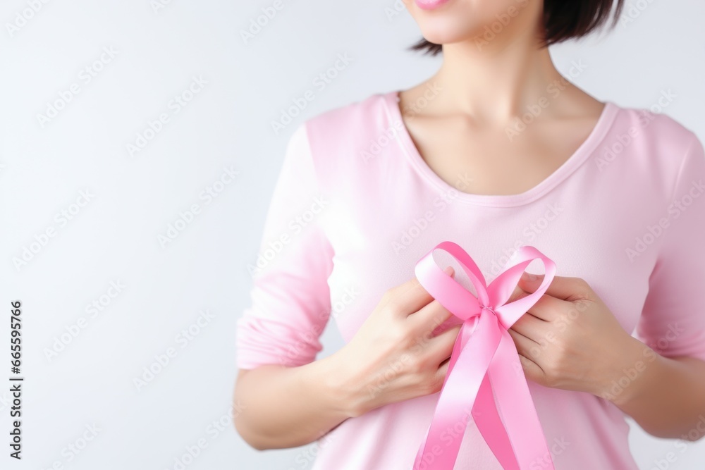 Woman holding pink ribbon on white. Adult help female girl medicine. Generate Ai Woman holding pink ribbon on white. Adult help female girl medicine. Generate Ai