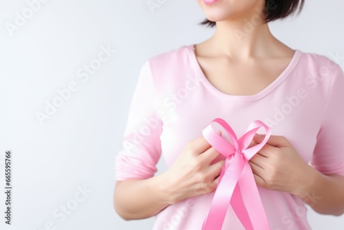 Woman holding pink ribbon on white. Adult help female girl medicine. Generate Ai © nsit0108