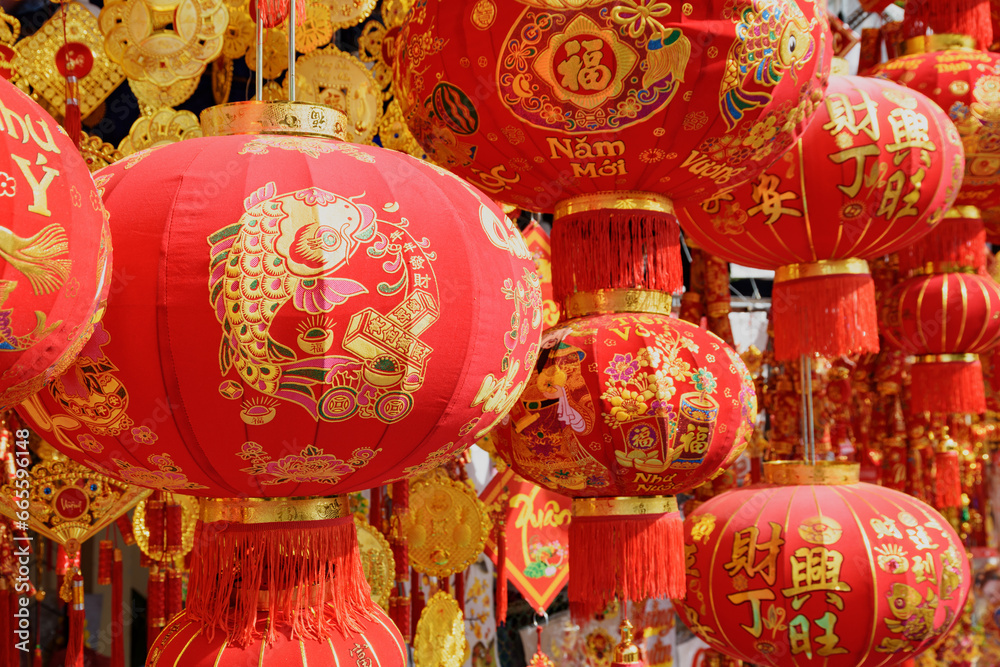 Closeup view of traditional red lanterns at New Year market