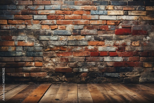 Old grunge brick wall and wooden floor background, vintage color tone, copy space