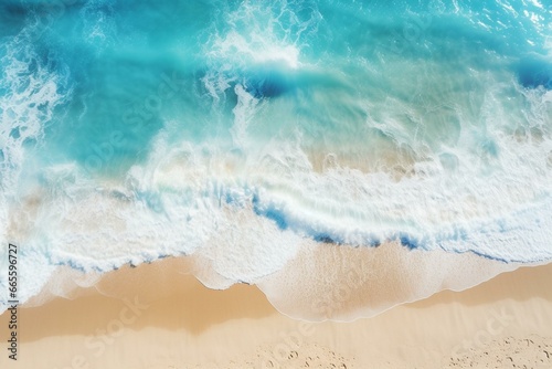 Aerial view of a gorgeous beach with white sand, turquoise sea waves, and plenty of copy space. Generative AI