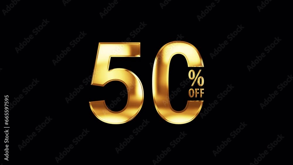 50 percent off golden text word shine loop title. 3D Illustration of isolated word isolated using QuickTime Alpha Channel ProRes 4444 with golden light loop. SALE 50 percent gold text looping effect e