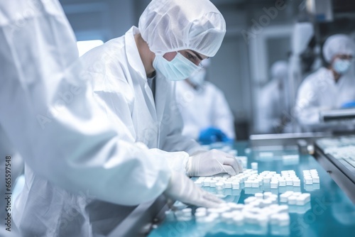 workers wearing sanitary gloves check medical vials on the production line of a pharmaceutical factory,
