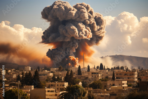 Airstrike on the city, burning houses.