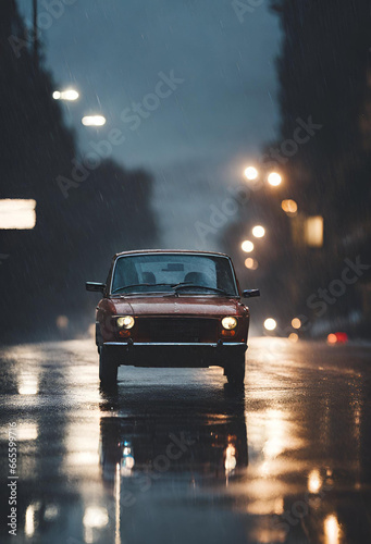 iPhone , Samsung, android wallpapers of a serene image of a car driving on a road with reflections of city lights on wet pavement after rain.