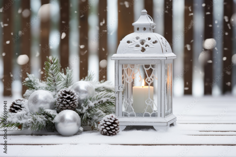 White lantern with candle and decorations on snow, Christmas or New year card with copy space
