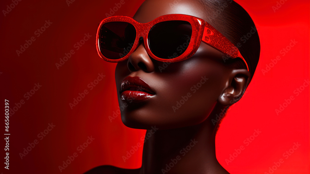 High fashion studio portrait of young african american woman with red sunglasses, beautiful makeup, luxury style, red bacground High fashion studio portrait of young african american woman with red sunglasses, beautiful makeup, luxury style, red bacground
