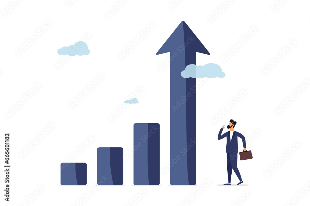 Businessman looks at the graph's arrow rising high. Grow business, increase sales and profits, growth or progress to achieve goal and objective, improvement or development to improve efficiency concep Businessman looks at the graph's arrow rising high. Grow business, increase sales and profits, growth or progress to achieve goal and objective, improvement or development to improve efficiency concep