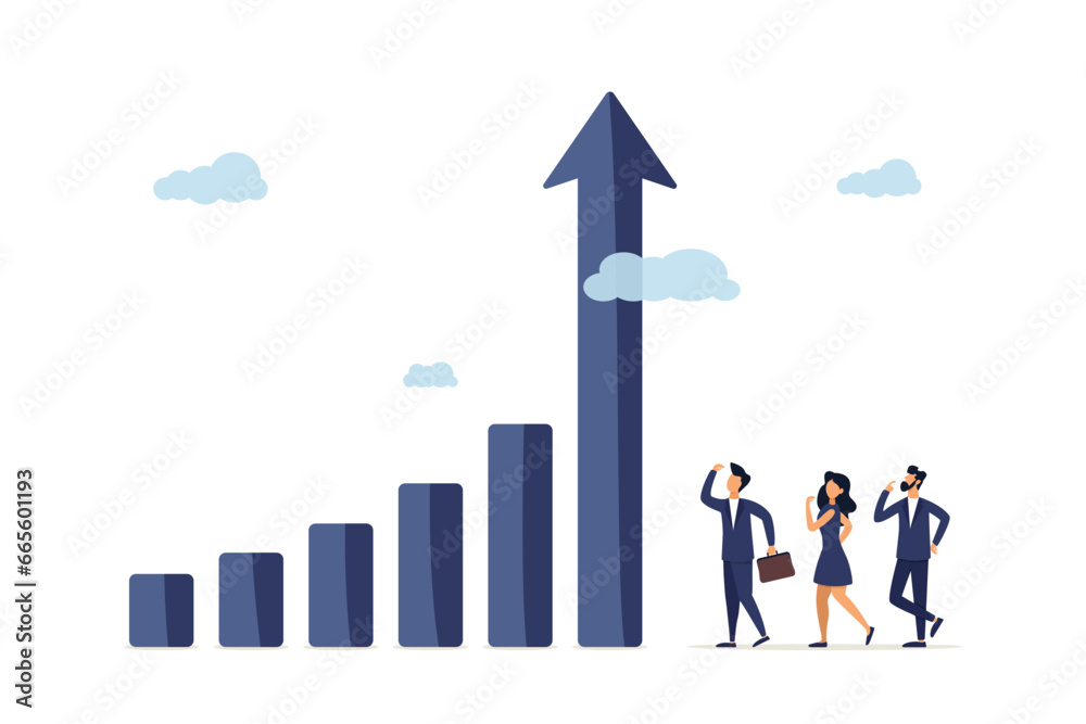 A team of business people looks at the graph arrow rising high. Grow your business, increase sales and profits, growth or progress to achieve your goal and objective. Business development concept. A team of business people looks at the graph arrow rising high. Grow your business, increase sales and profits, growth or progress to achieve your goal and objective. Business development concept.